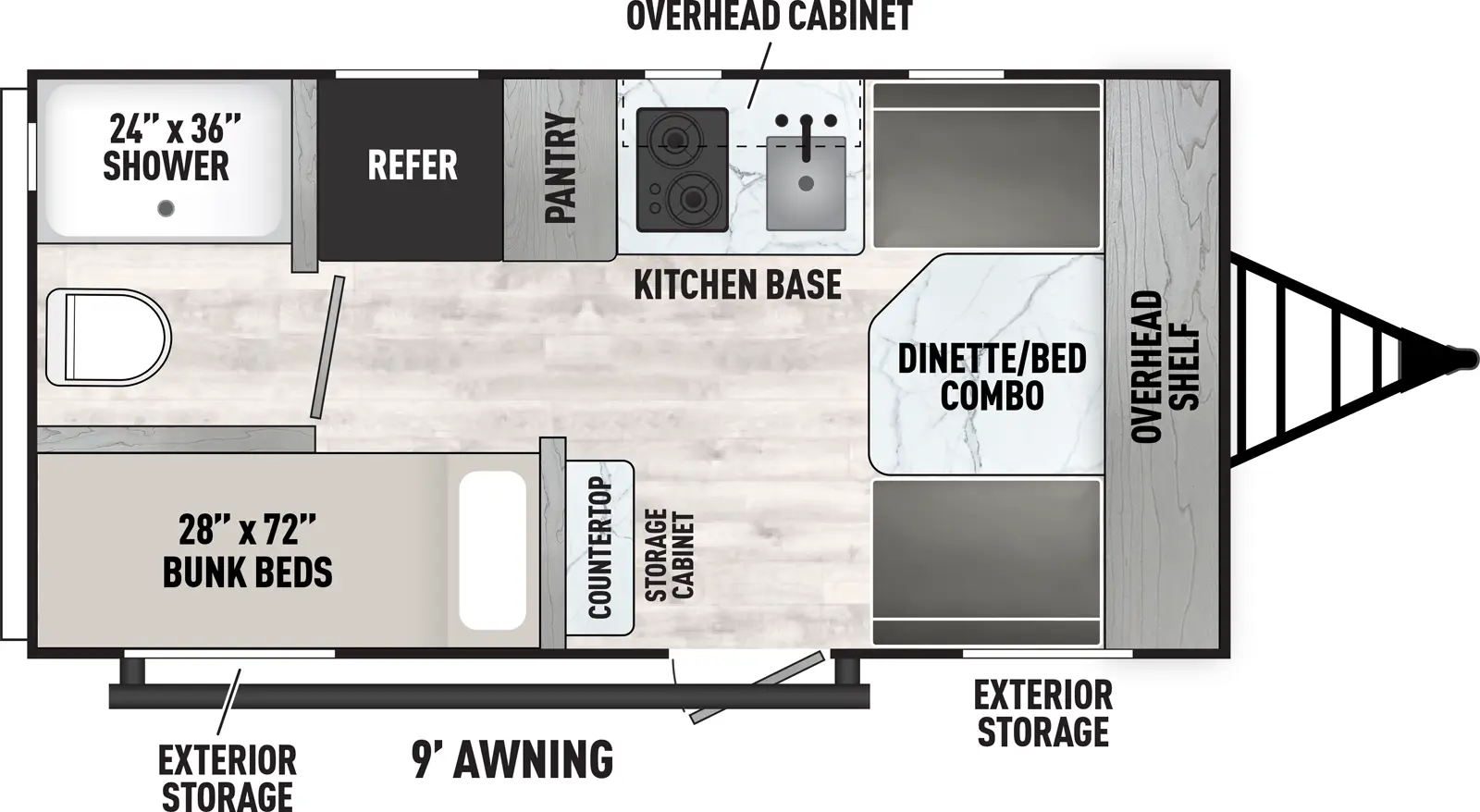 The Viking Travel Trailers 15BH floorplan has one entry and zero slide outs. Exterior features include: metal exterior and 9' awning. Interiors features include: bunk beds.